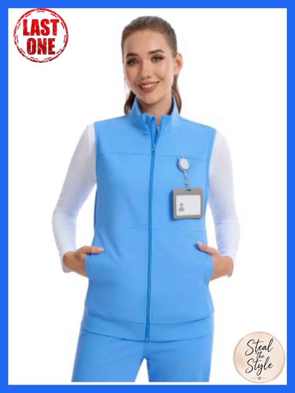 Women's Lightweight Stretch Scrub Vest Stand Collar Sleeveless Zip Healthcare